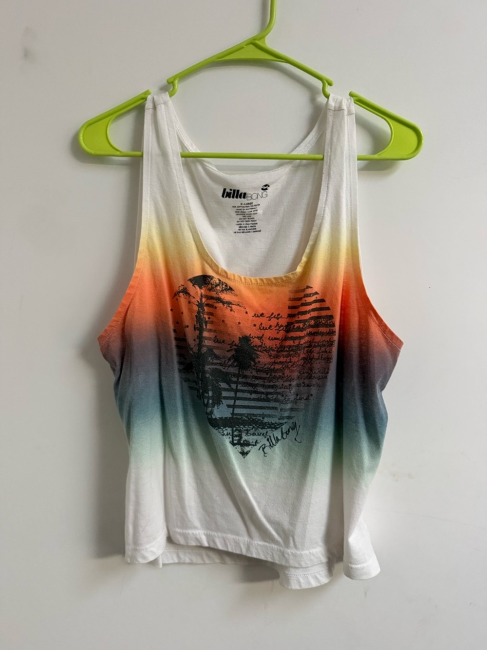 Billabong White Tank Top with Orange, Red and Teal Ombre Heart Graphic